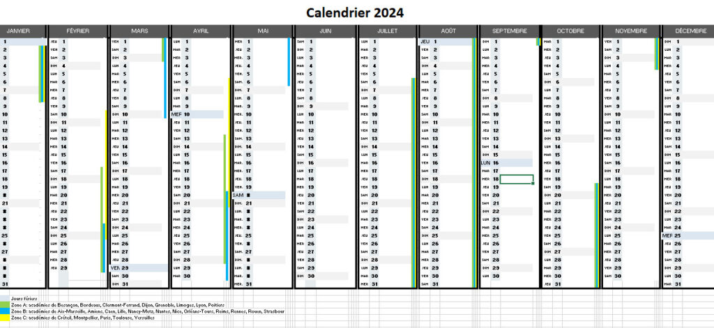 Calendrier annuel 2024 avec vacances scolaires