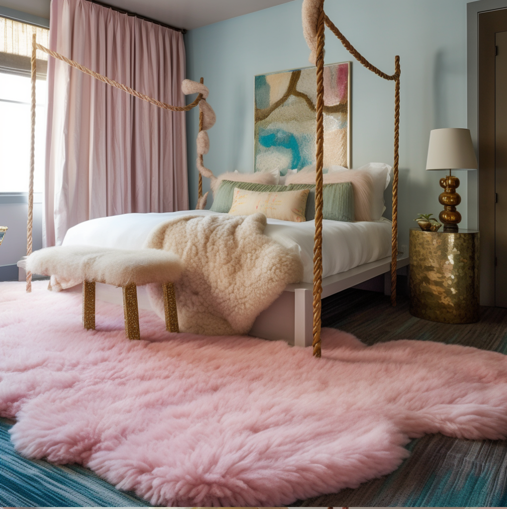 Chambre à coucher rose bleue, décoration dorée et tapis moelleux