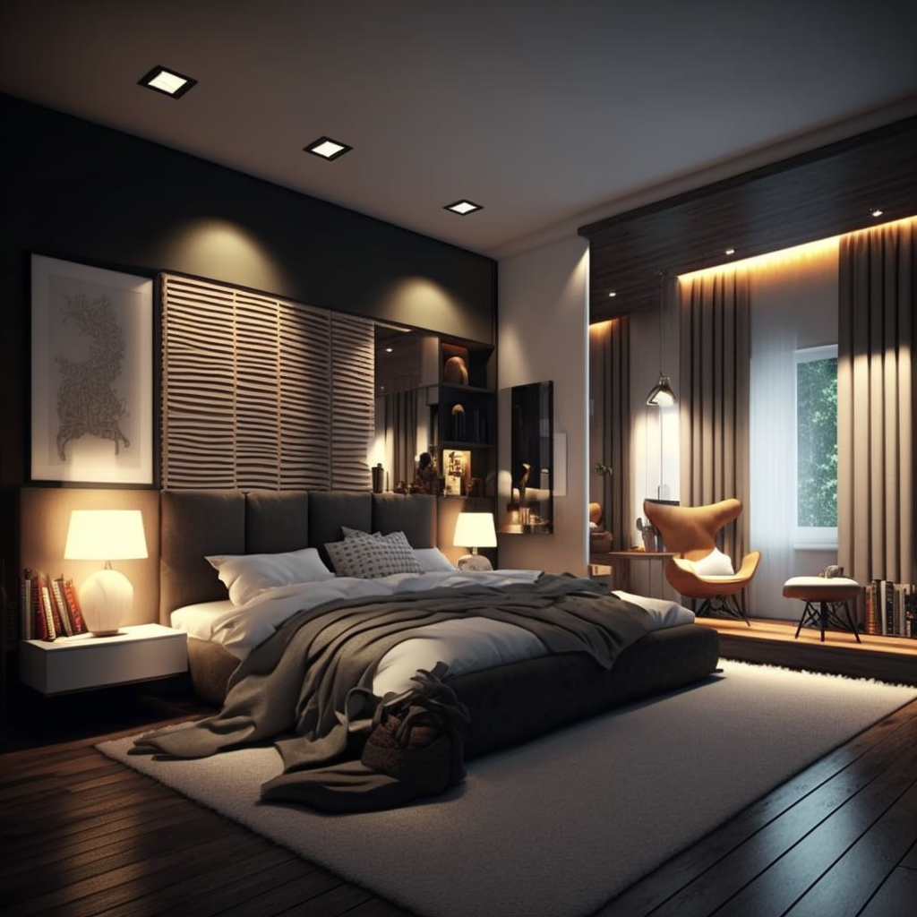 Chambre avec lit coffre vert foncé, parquet en chêne