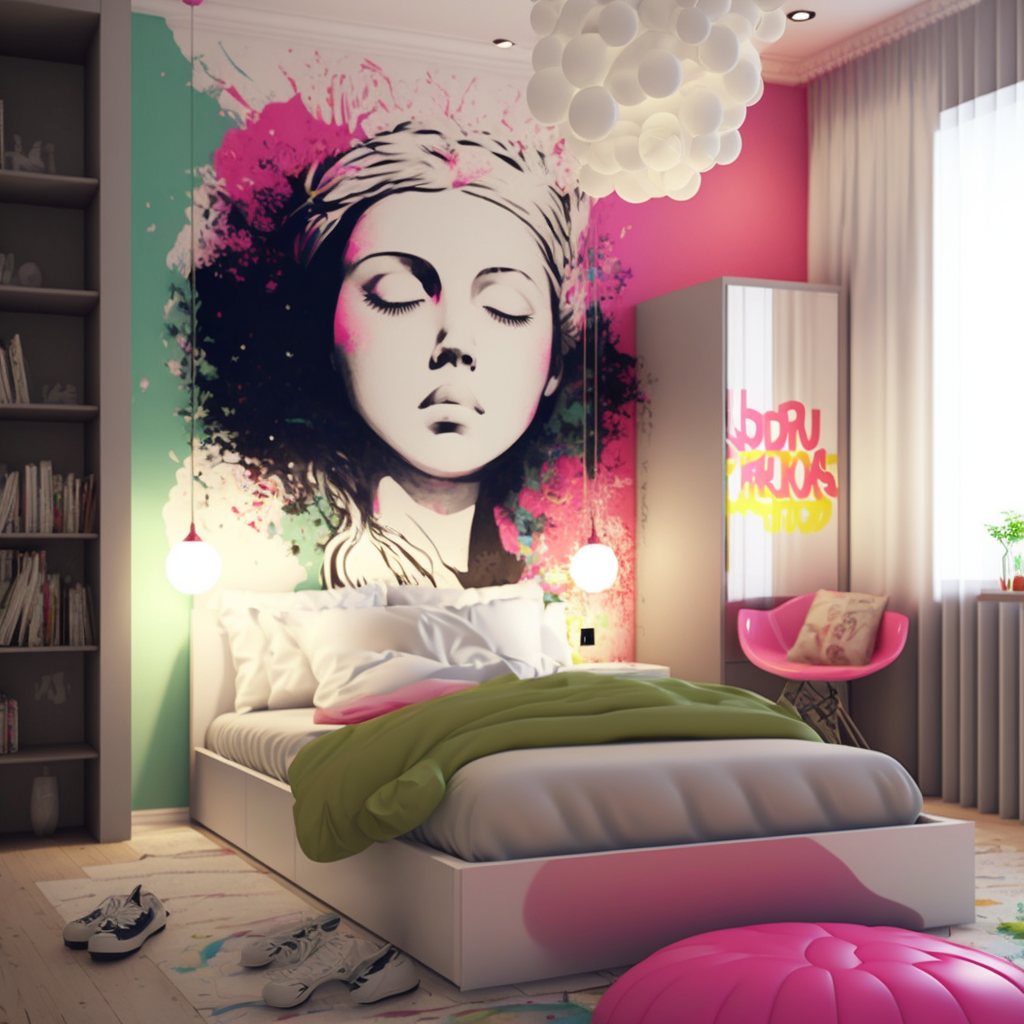 Chambre fille avec peinture murale personnalisée et graffitis