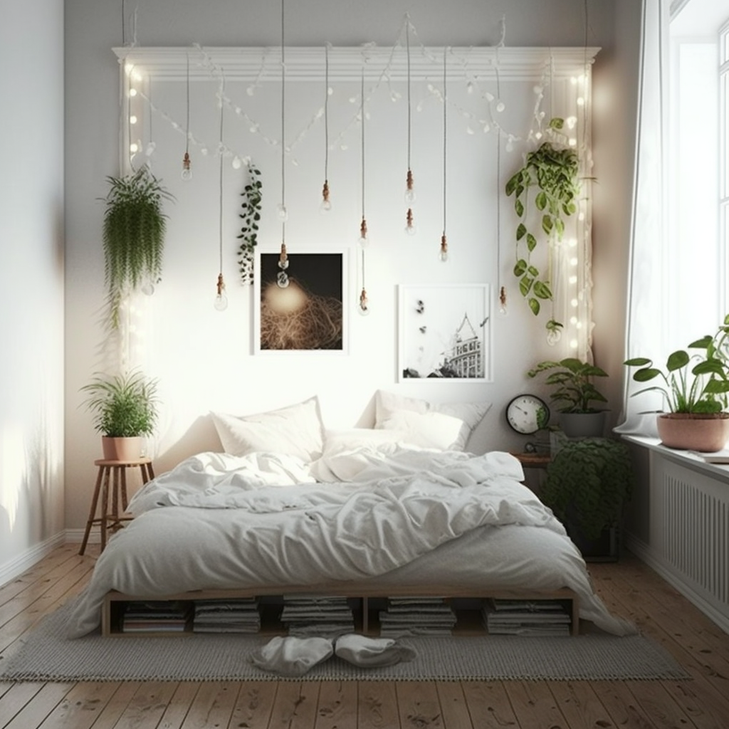 Chambre futon plantes et murs blancs