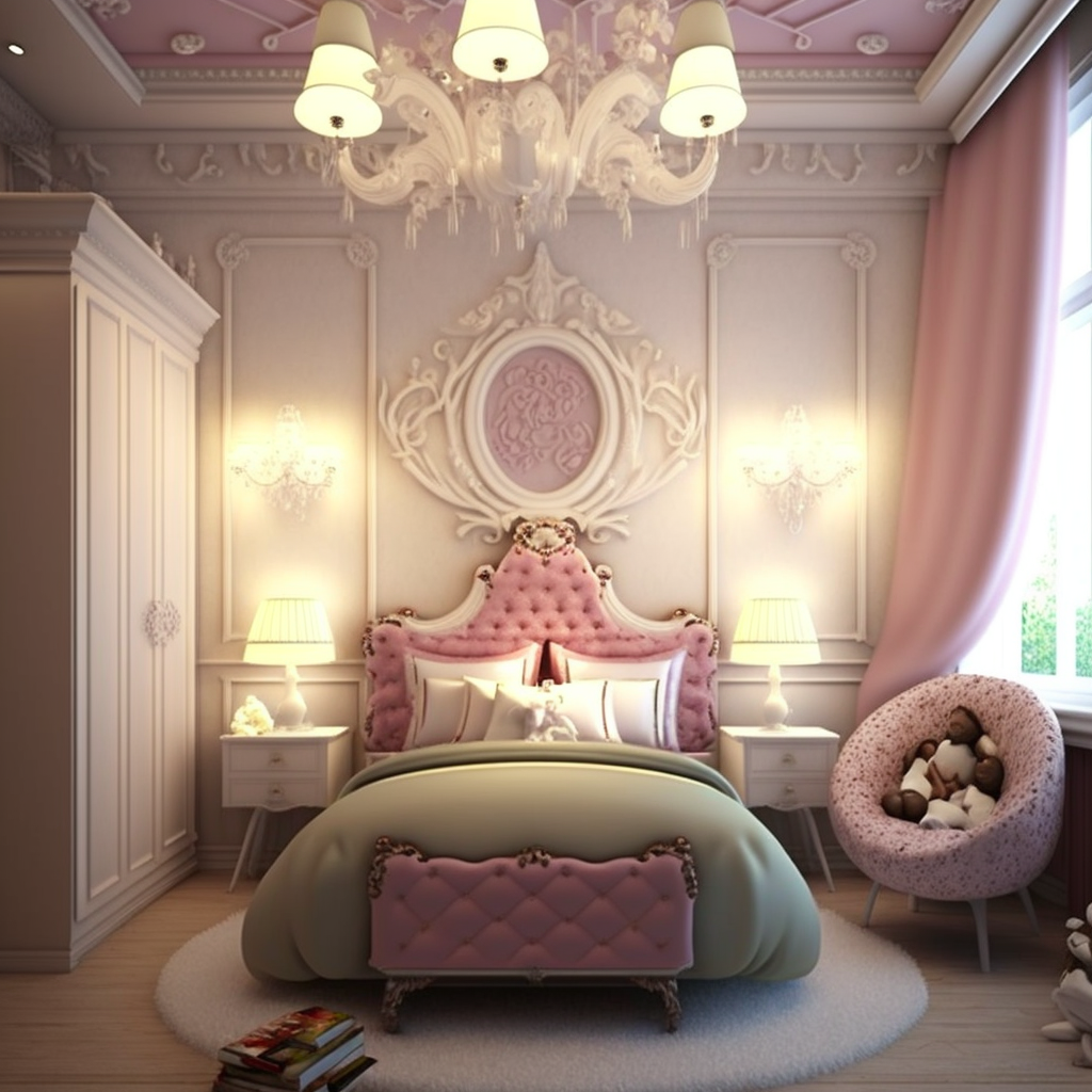 Chambre pour enfant avec armoire blanche et lit rose