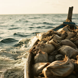 Des sacs en toile remplis de résidus sont plongés dans la mer depuis un bateau